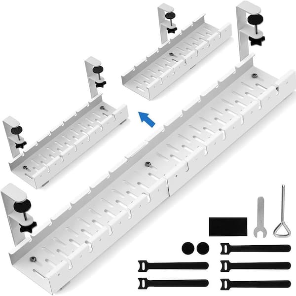31 in. Extendable Metal Under Desk Cable Management Tray, Modern Retractable Power Strip Cord Holder with Clamp, White