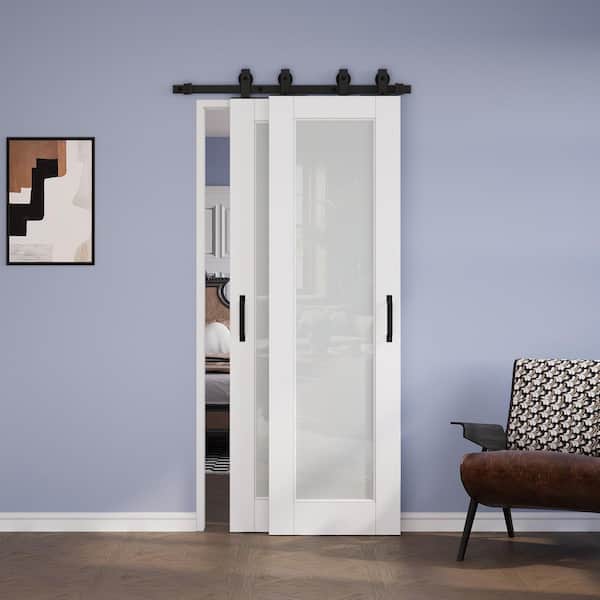 44 in. x 80 in. (Two 26 in.) Bypass Save Space 1 Lite Frosted Glass White Primed MDF Sliding Barn Door with Hardware Kit