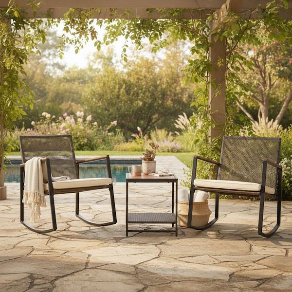 Vianna Dark Brown 3-Piece Wood Wicker Rocking Patio Conversation Set with Cream White Cushions