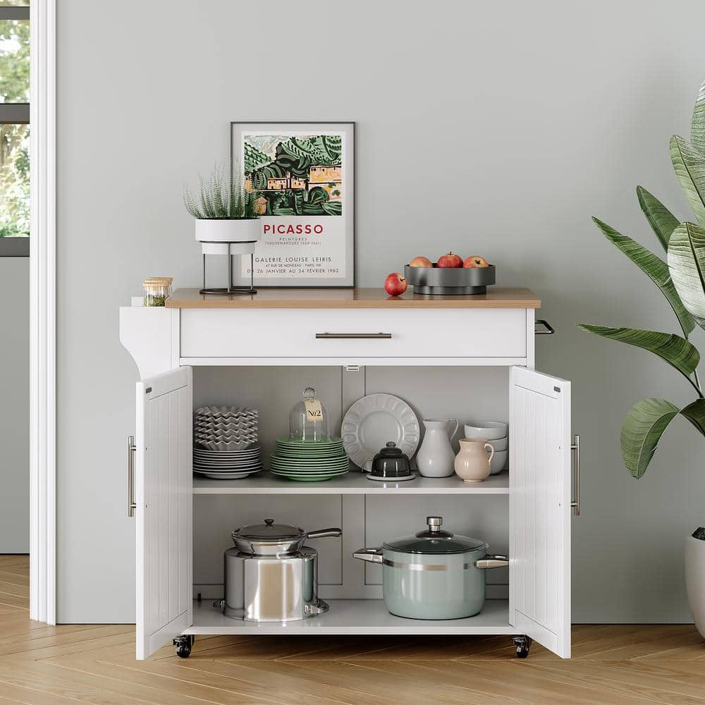 White and Natural Wood Rolling Kitchen Island with Storage Cabinet