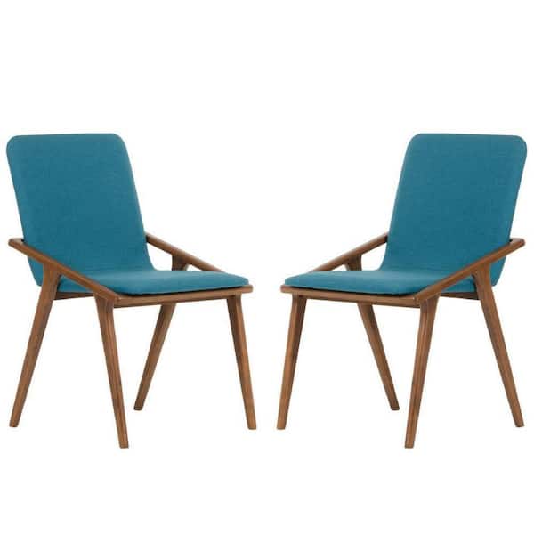 Benjara Modern Blue and Brown Solid Wood and Fabric Solid Back Dining Chair (Set of 2)