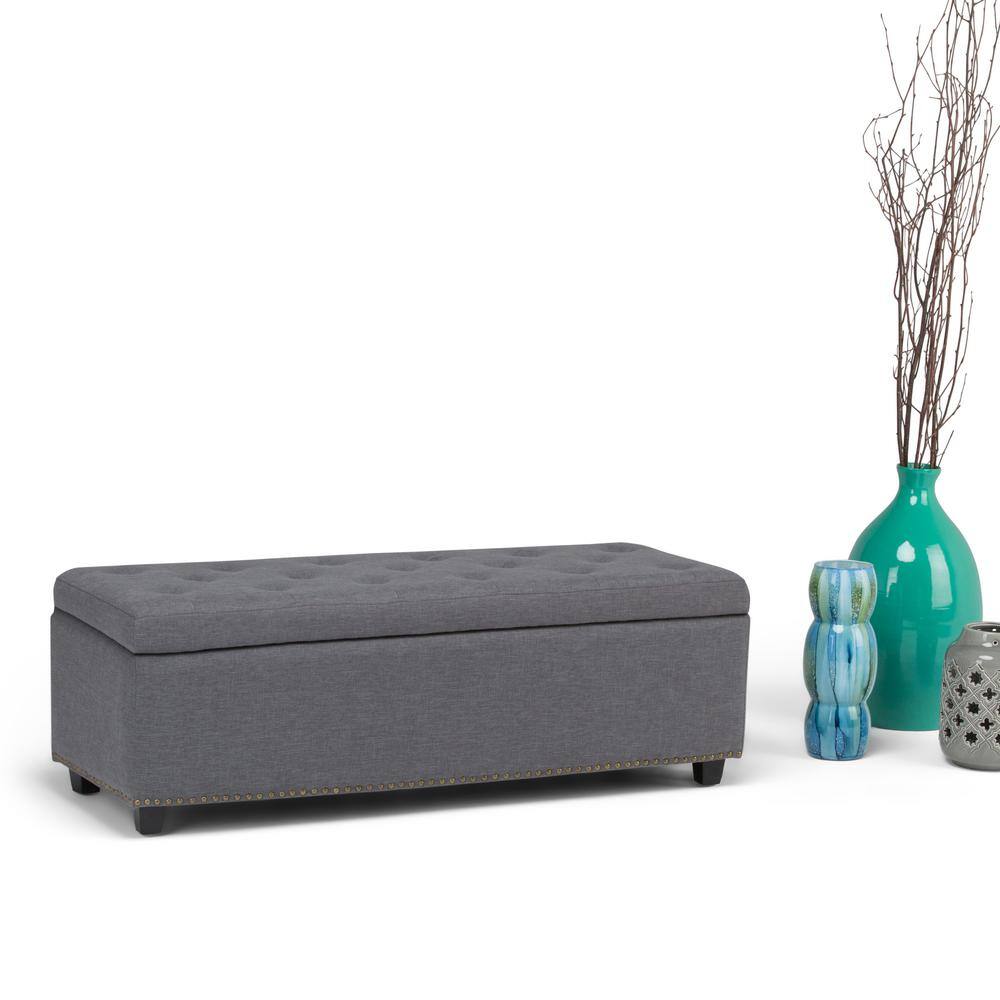 Slate Grey Tufted Linen Storage Ottoman Bench with Nailhead Trim