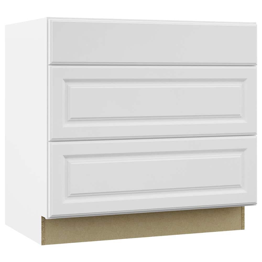 Hampton Bay Hampton 36 in. W x 24 in. D x 34.5 in. H Assembled Drawer Base Kitchen Cabinet in Satin White with Full Extension Glides