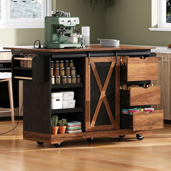 Farmhouse Black Wood 55.5 in. Drop Leaf Power Outlet Kitchen Island Kitchen Storage Cart with Barn Door and Spice Rack