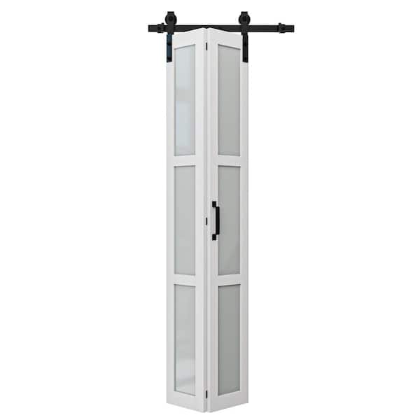 25 in. x 84 in. 3-Lite Tempered Frosted Glass White Finished MDF Glass Bi-Fold Sliding Barn Door with Hardware Kit