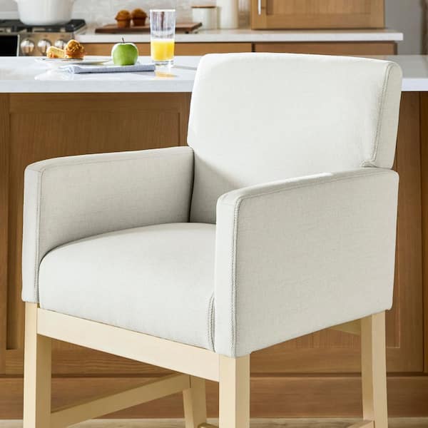 Keswick 38.80 in. H Beige Upholstered Solid Wood Counter Height Stool with Cerused White Oak Wood Legs