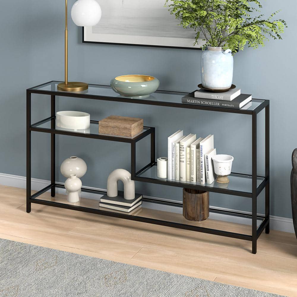 Mathis 55" Blackened Bronze Glass Hallway Table with Storage