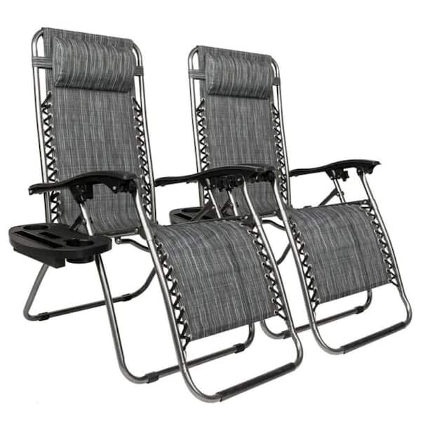 Infinity Zero Gravity Chairs Set of 2, Outdoor Chaise Lounge with Pillow and Tray for Patio, Beach, Yard-Gray