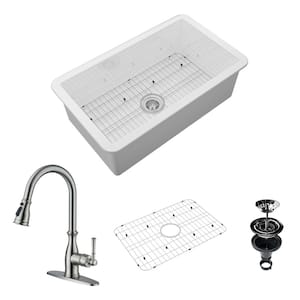 32 in. Undermount Single Bowl Fireclay Kitchen Sink with Brushed Nickel Faucet, Bottom Grid and Strainer Basket