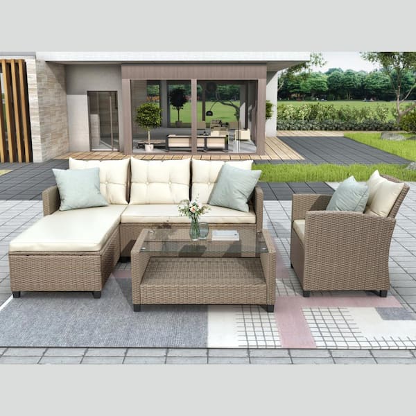 Boosicavelly Wicker Outdoor Sectional Set with Beige Cushions