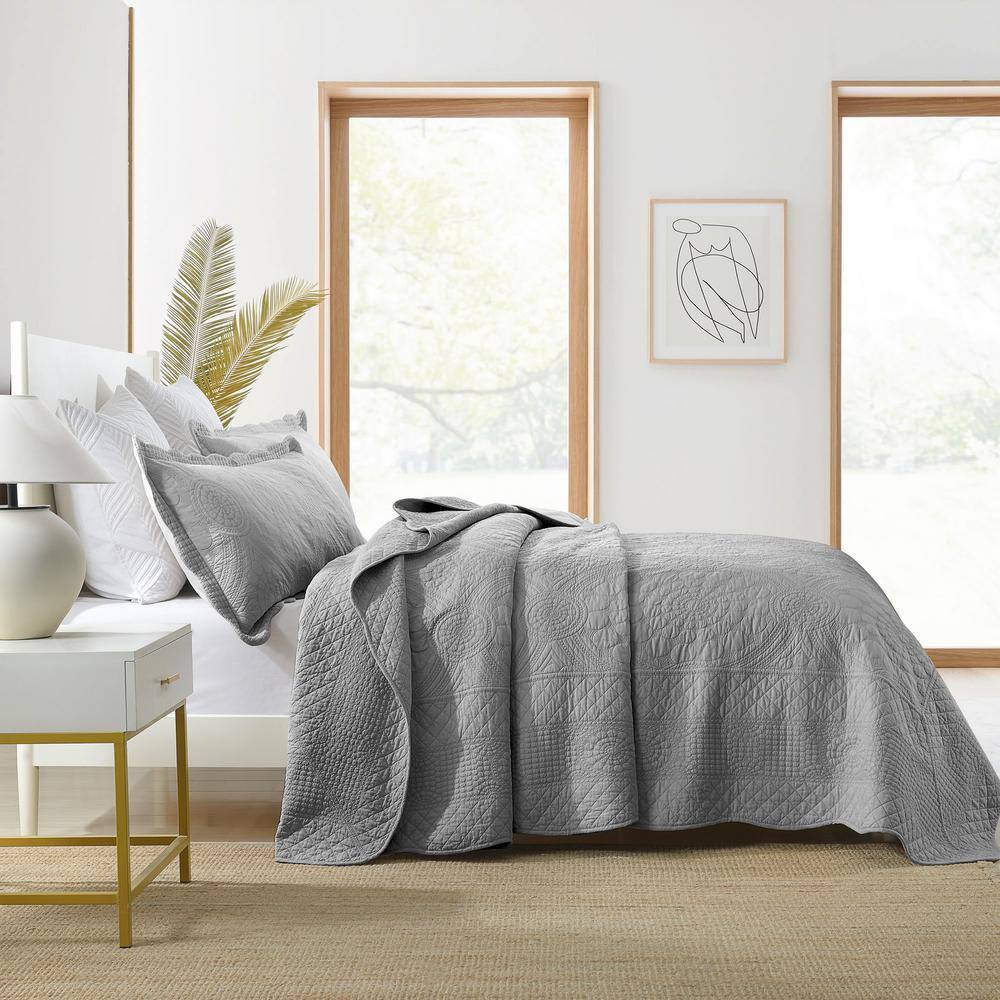 Light Grey Cotton Queen Oversized Quilt Bedspread Set
