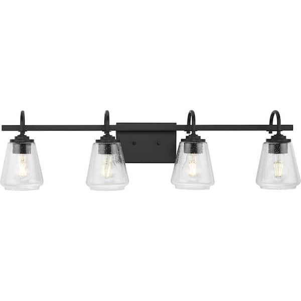 Progress Lighting Martenne 31.87 in. 4-Light Matte Black Vanity Light with Seeded Glass Shade