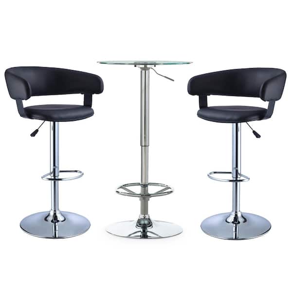 Martinez Adjustable 3-Piece Round Chrome and Black Glass Top Bar Table Set Seats 2