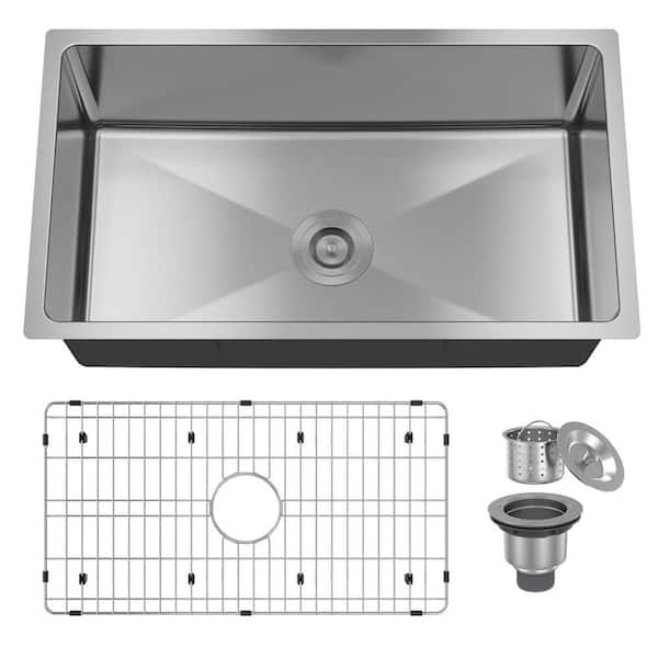 31 in. Undermount Single Bowl 18-Gauge Stainless Steel Kitchen Sink Accessories with Bottom Grids, Strainer Basket