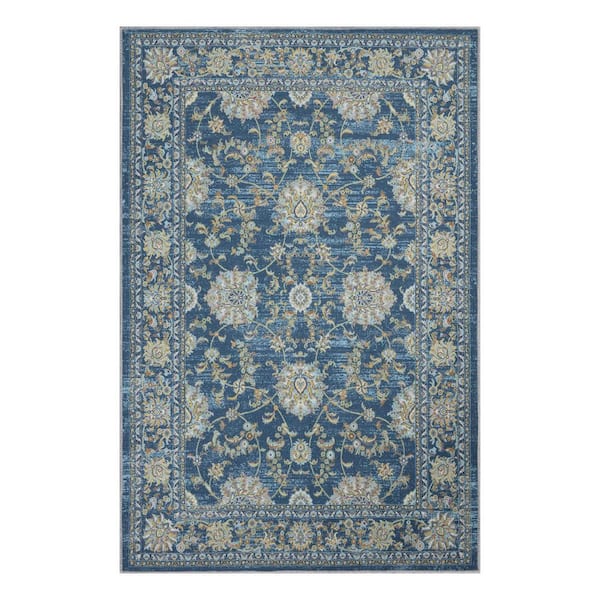 Ottomanson Non-Shedding Washable Wrinkle-Free Cotton Flatweave Floral 4x6 Indoor Living Room Area Rug 4 ft. x 6 ft., Blue