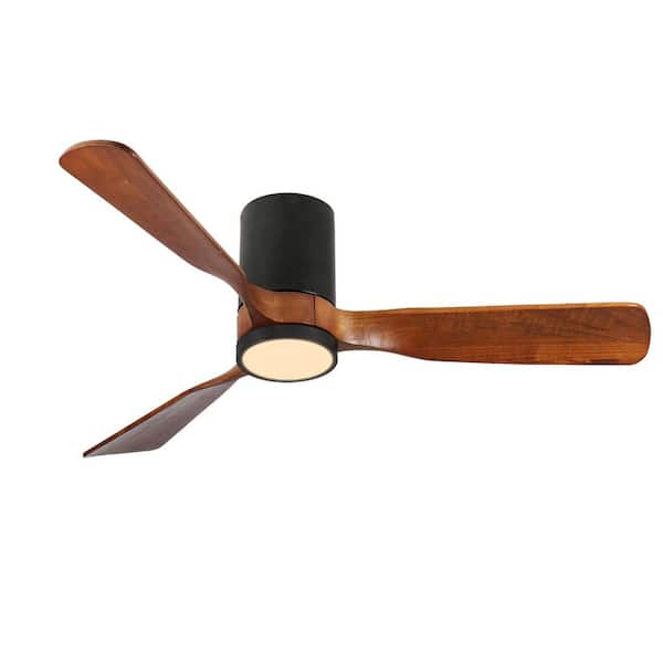 42 in. LED Flush Mount Ceiling Fan in Matte Black with Wood Blades, Indoor/Outdoor, 6-Speed DC Remote