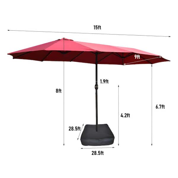 Unbranded 15 ft. Double Sided Rectangular Outdoor Twin Patio Market Umbrella with Light and Base Red