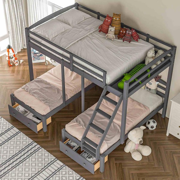 Gray Full over Twin and Twin Bunk Bed, Triple Bunk Bed with Drawers