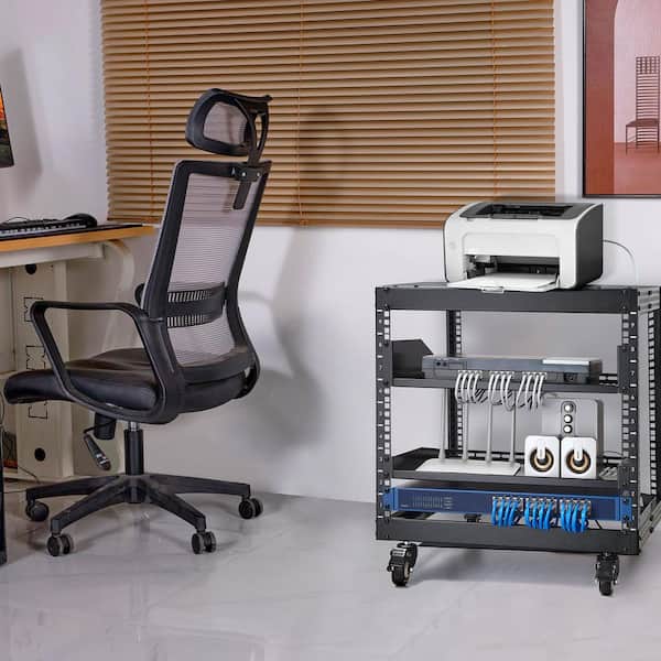9U Open Frame Server Rack 23 in. Steel Household Shelving Unit in Black Adjustable Depth 1-Tier