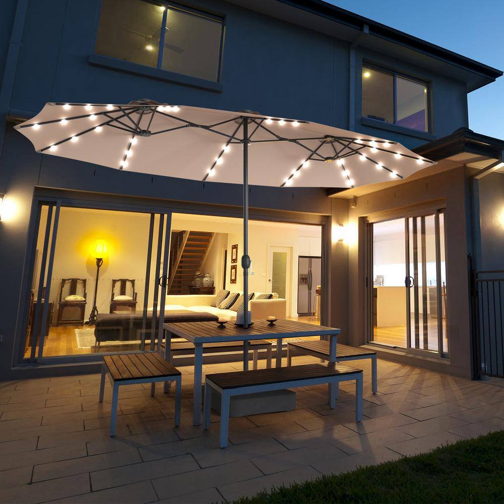 15' Beige Double-Sided Patio Umbrella with Solar LED Lights