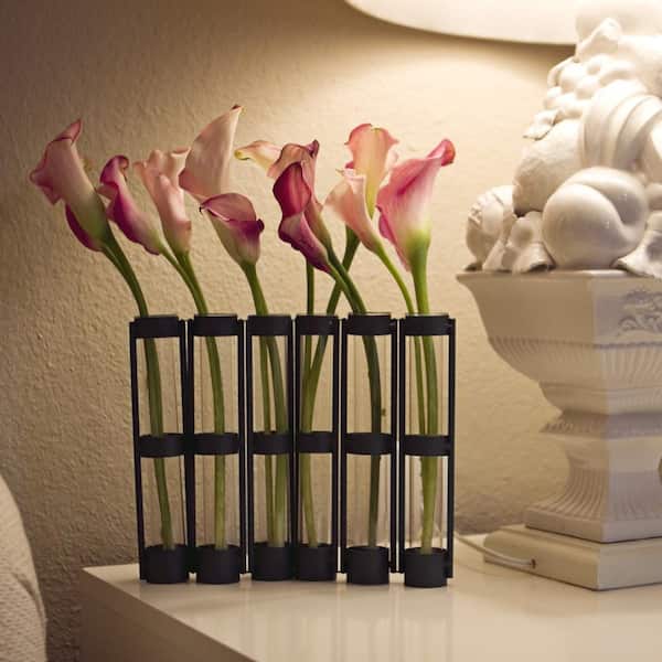 DANYA B 9 in. Iron and Glass Test Tube Decorative Hinged Vases on Rings Stands - Dark Brown