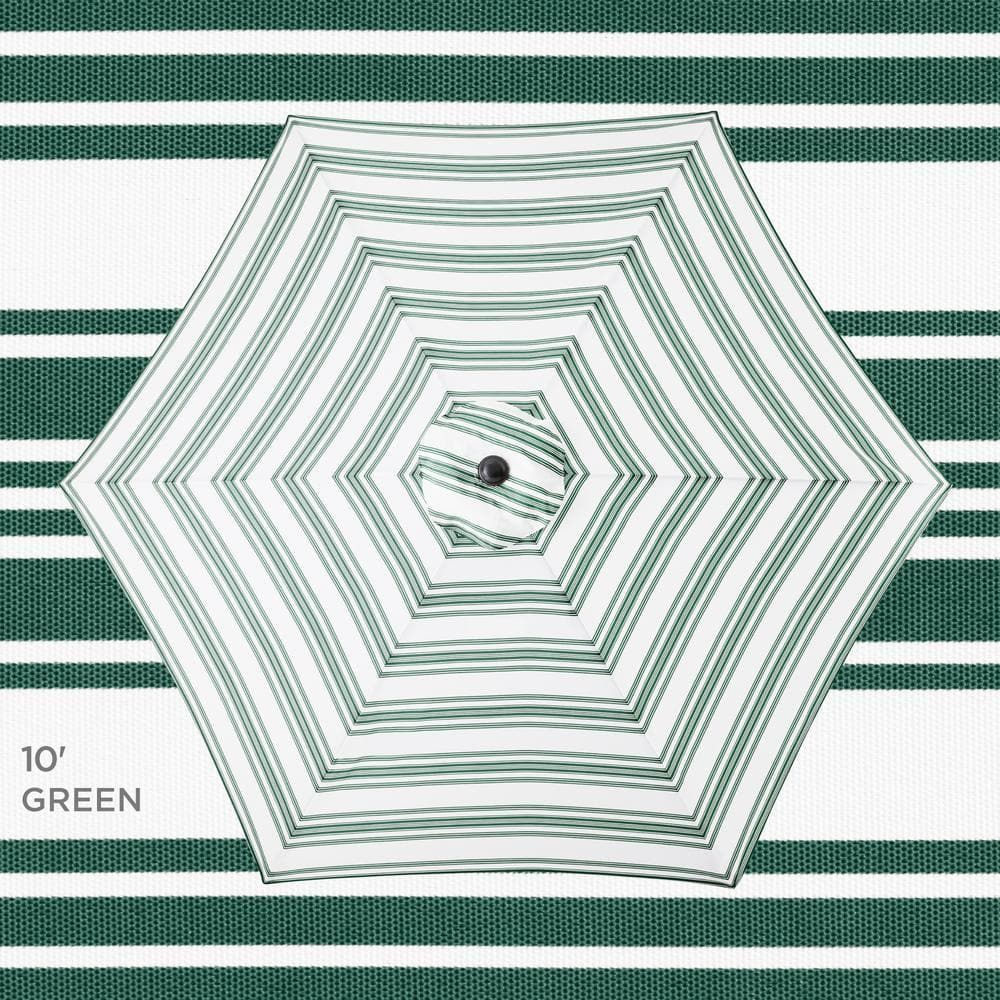 10ft Striped Green Polyester Market Patio Umbrella with Black Metal Pole