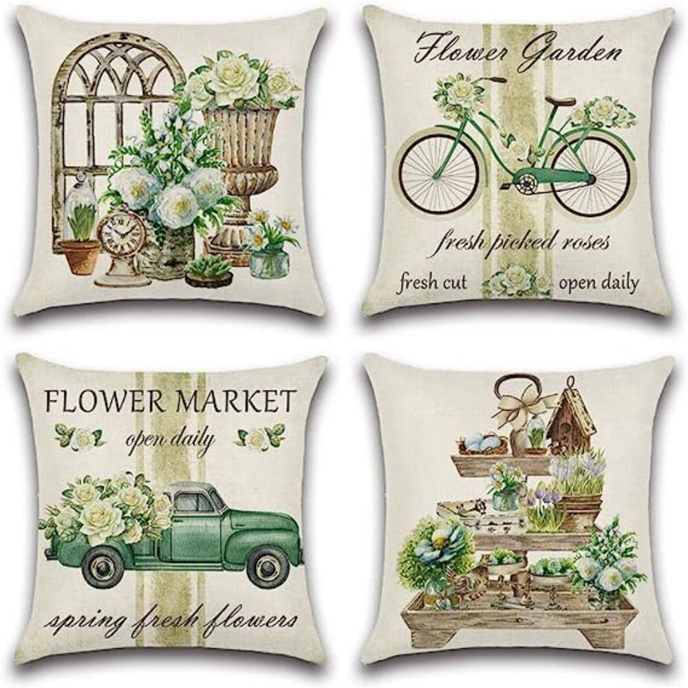 Green Garden Pattern Waterproof Outdoor Throw Pillow Covers, 18x18 Inches, Set of 4