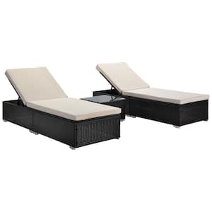 Espresso Wicker Outdoor Chaise Lounge Set with Side Table, Reclining Backrest and Beige Cushions (2-Piece)