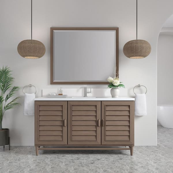 James Martin Vanities Portland 60.0 in. W x 23.5 in. D x 34.3 in. H Bathroom Vanity in Whitewashed Walnut with White Zeus Silestone Quartz Top