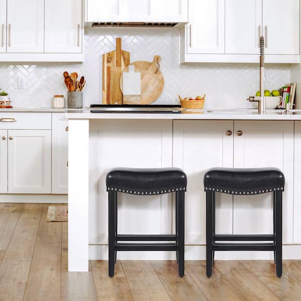 Jameson 24 in. Counter Height Black Wood Backless Barstool with Upholstered Black Faux Leather Saddle Seat (Set of 2)