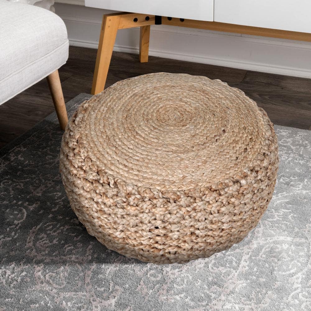 Natural Jute Round Pouf with Braided Design, 20"