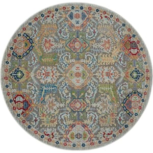 Global Vintage Grey/Multicolor 6 ft. x 6 ft. Border Tradtional Round Area Rug