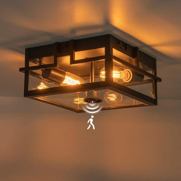 11 in. 2-Light Black Motion Sensing Dusk to Dawn Non-Dimmable No Bulb Included Outdoor Flush Mount Ceiling Light, 1-Pack