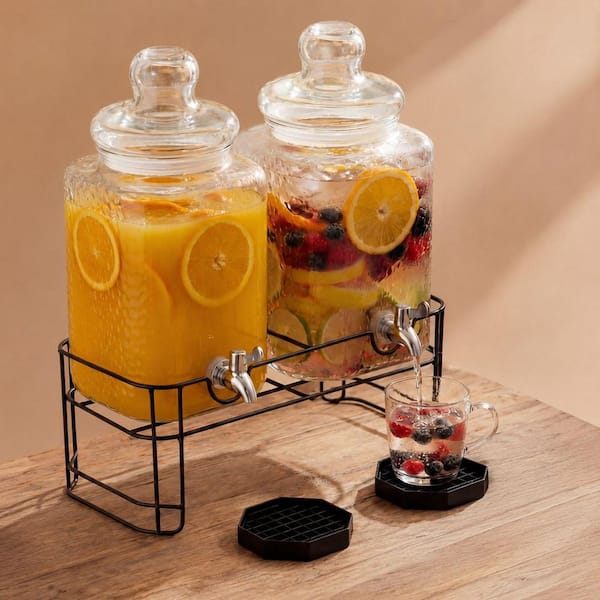 2-Pack 1.5 gal. Hammered Glass Beverage Dispenser with Stand, Stainless Steel Spigot and Drip Tray