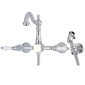 Victorian 2-Handle Wall-Mount Side Sprayer Standard Kitchen Faucet with Porcelain Lever Handles in Polished Chrome