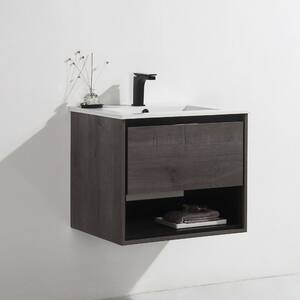 JIM 24 in. W x 18.31 in. D x 20.28 in. H Floating Bath Vanity in Gray Oak with White Integrated Ceramic Top & Drawer