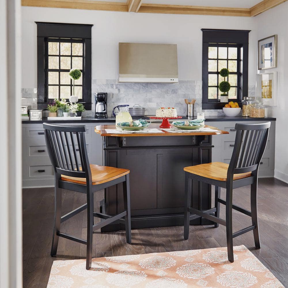 Black and Oak Wood Kitchen Island Set with Stools