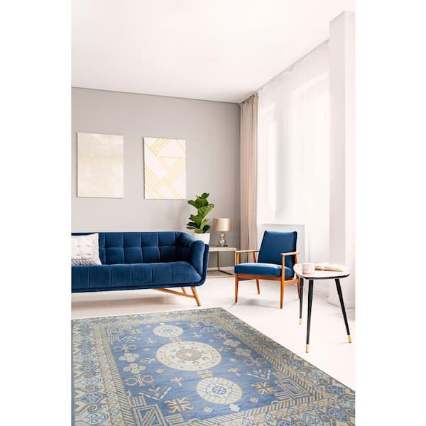 EORC Blue 8 ft. x 10 ft. Hand Knotted Wool Traditional Khotan Area Rug