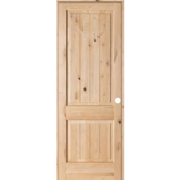 Krosswood Doors 36 in. x 96 in. Knotty Alder 2 Panel Square Top V-Groove Solid Wood Left-Hand Single Prehung Interior Door