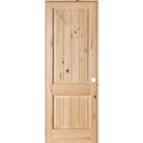 Krosswood Doors 42 in. x 96 in. Knotty Alder 2 Panel Square Top V-Groove Solid Wood Left-Hand Single Prehung Interior Door