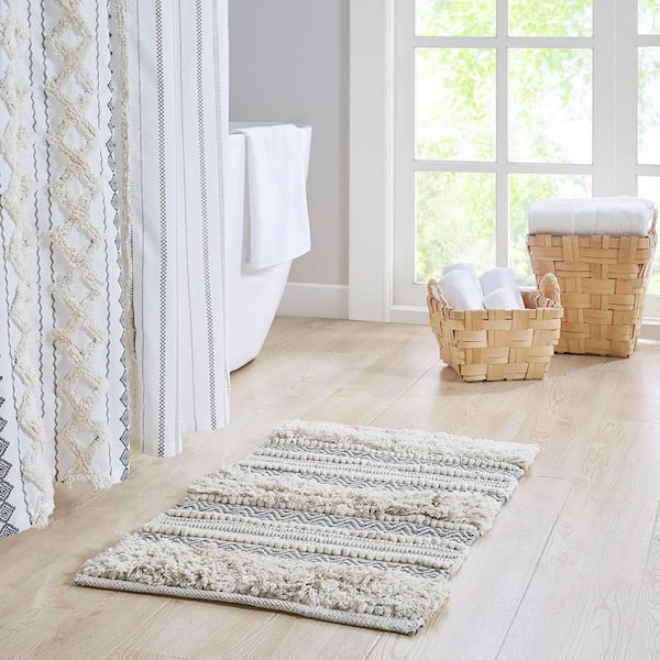 Bafode 20 in. x 32 in. Gray Woven Texture Stripe Bath Rug