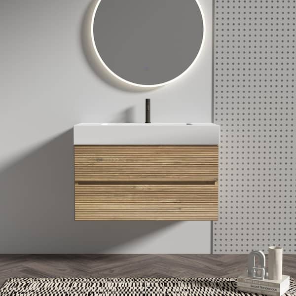 36 in. Single Sink Floating Oak Bath Vanity with White Solid Surface Top, Soft Drawers