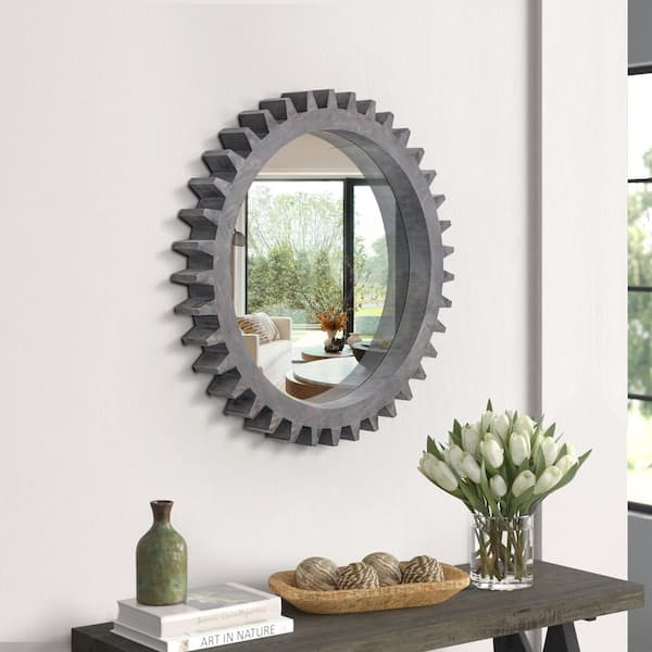 17 in. W x 17 in. H Vintage Wood Round Hanging Gear Framed Decorative Wall Bathroom Vanity Mirror in Antique Dark Brown
