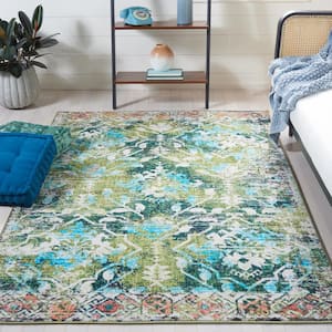 Riviera Green/Light Blue 7 ft. x 7 ft. Machine Washable Floral Geometric Square Area Rug