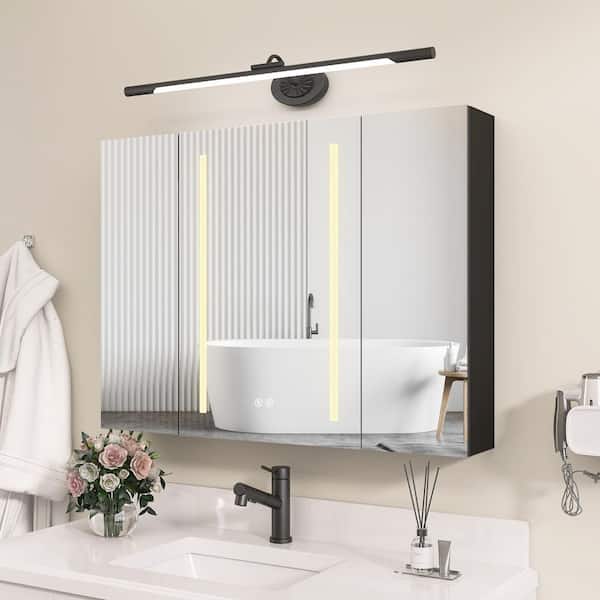 NTQ 40 in. W x 30 in. H Rectangular Black Aluminum Surface Mount Defogging Bathroom Medicine Cabinet with Mirror and Lights