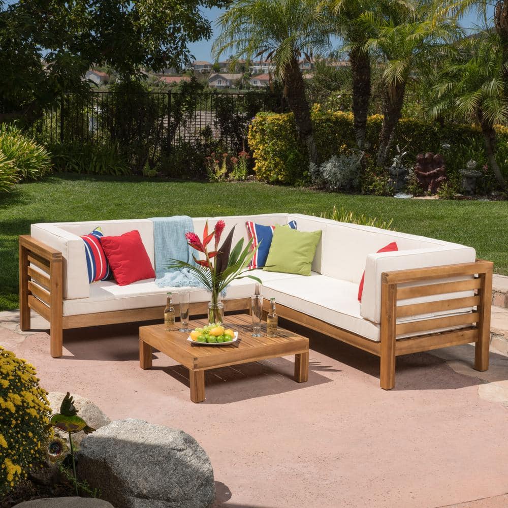 Noble House Oana Teak Brown Finish 4-Piece Wood Outdoor Patio Sectional Set with Beige Cushions 55317