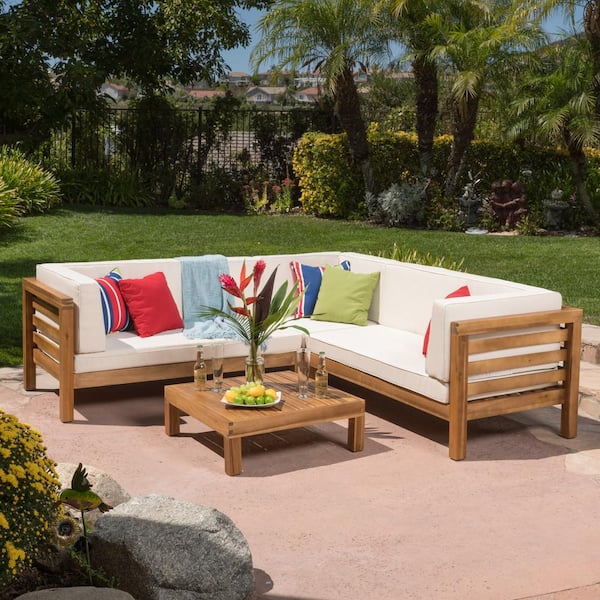 4 Piece Wood Outdoor Sectional Set, Teak Wood Outdoor Furniture Sectional Sofa
