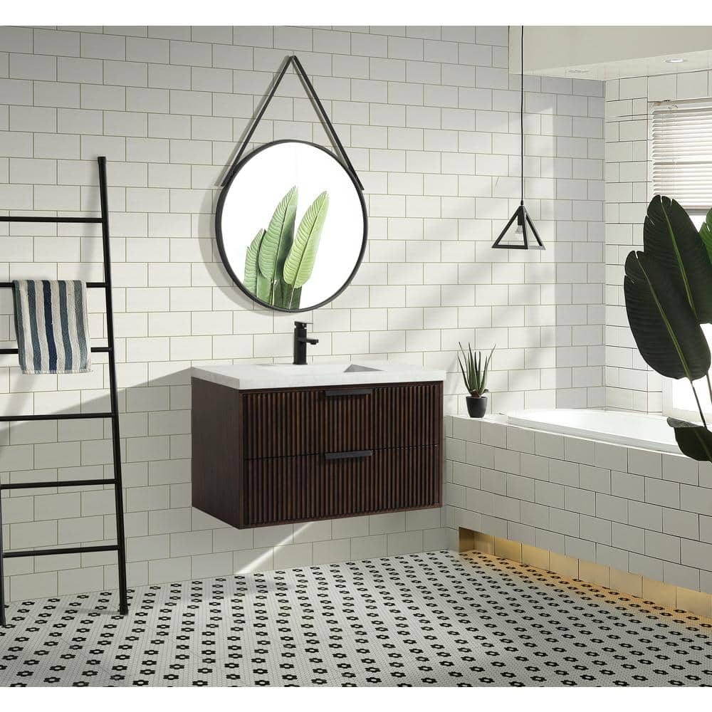 San Diego 36" Walnut Floating Bathroom Vanity with Concrete Countertop