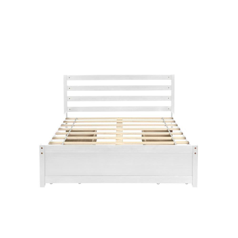 White Full Size Pine Wood Platform Bed with Storage Drawers