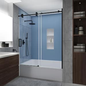 Langham XL 56 - 60 in. W x 70 in. H Frameless Sliding Tub Door in Matte Black with Star Cast Clear Glass, Left Opening
